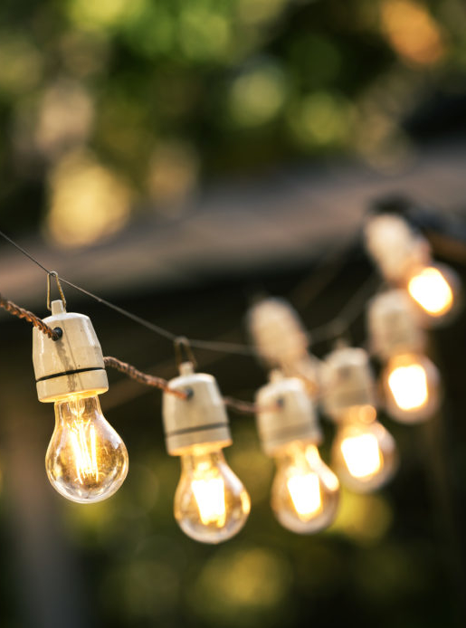 String of outdoor fairy lights in garden