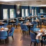 The Brasserie at Mercure Swansea Hotel, blue velvet chairs, blue walls