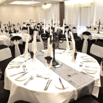 Lakeside Suite at Mercure Swansea Hotel set up for a wedding with black and white decoration.